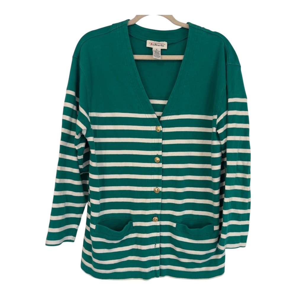 Talbots Vintage Green White Striped Cotton Cardigan Gold Crown Buttons Womens M